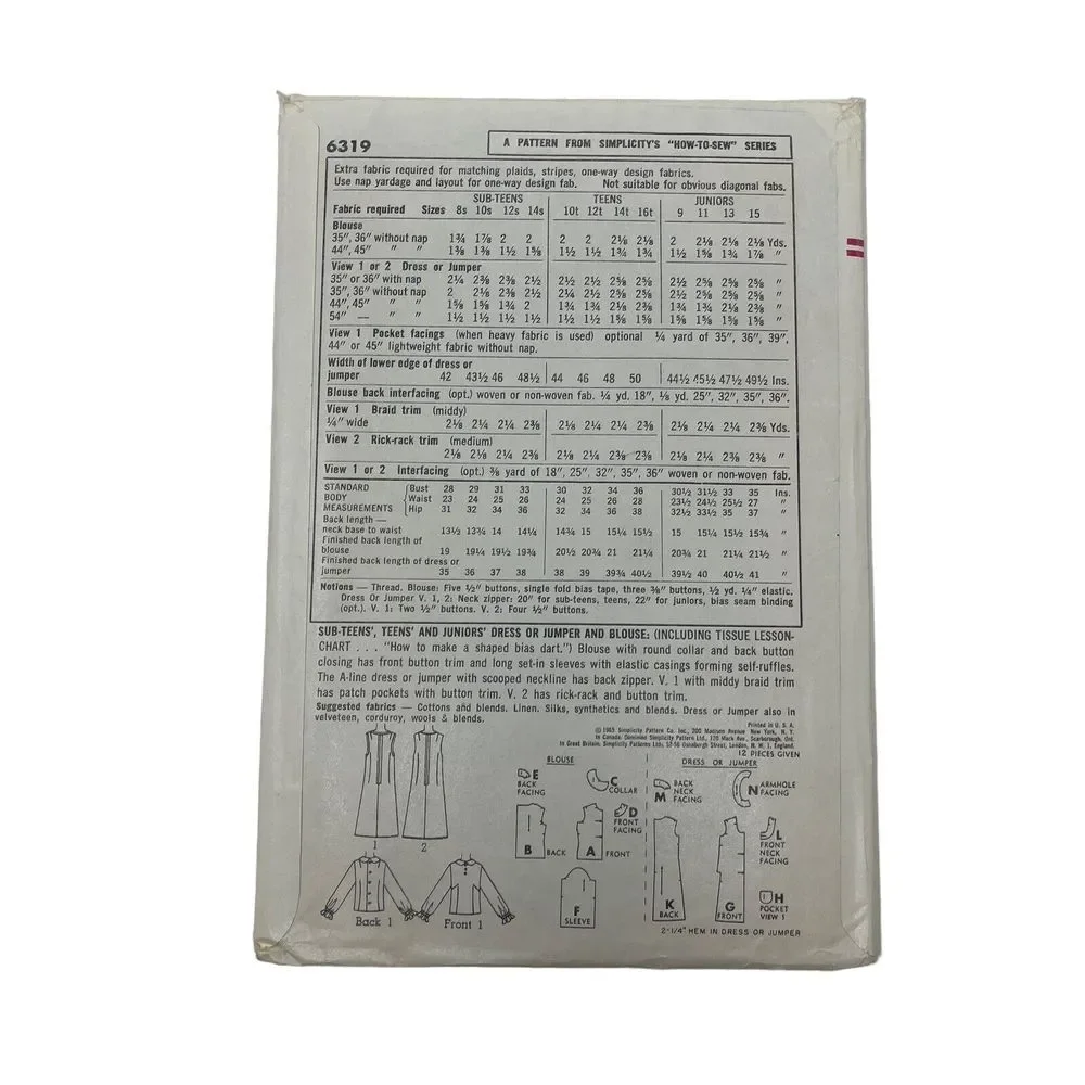 Simplicity Vintage Sewing Pattern Teen 6319 Size 14T Jumper‎ Blouse CUT Dress